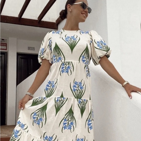 Zara Cream Maxi Dress with Blue Floral Design - Picture 1 of 6